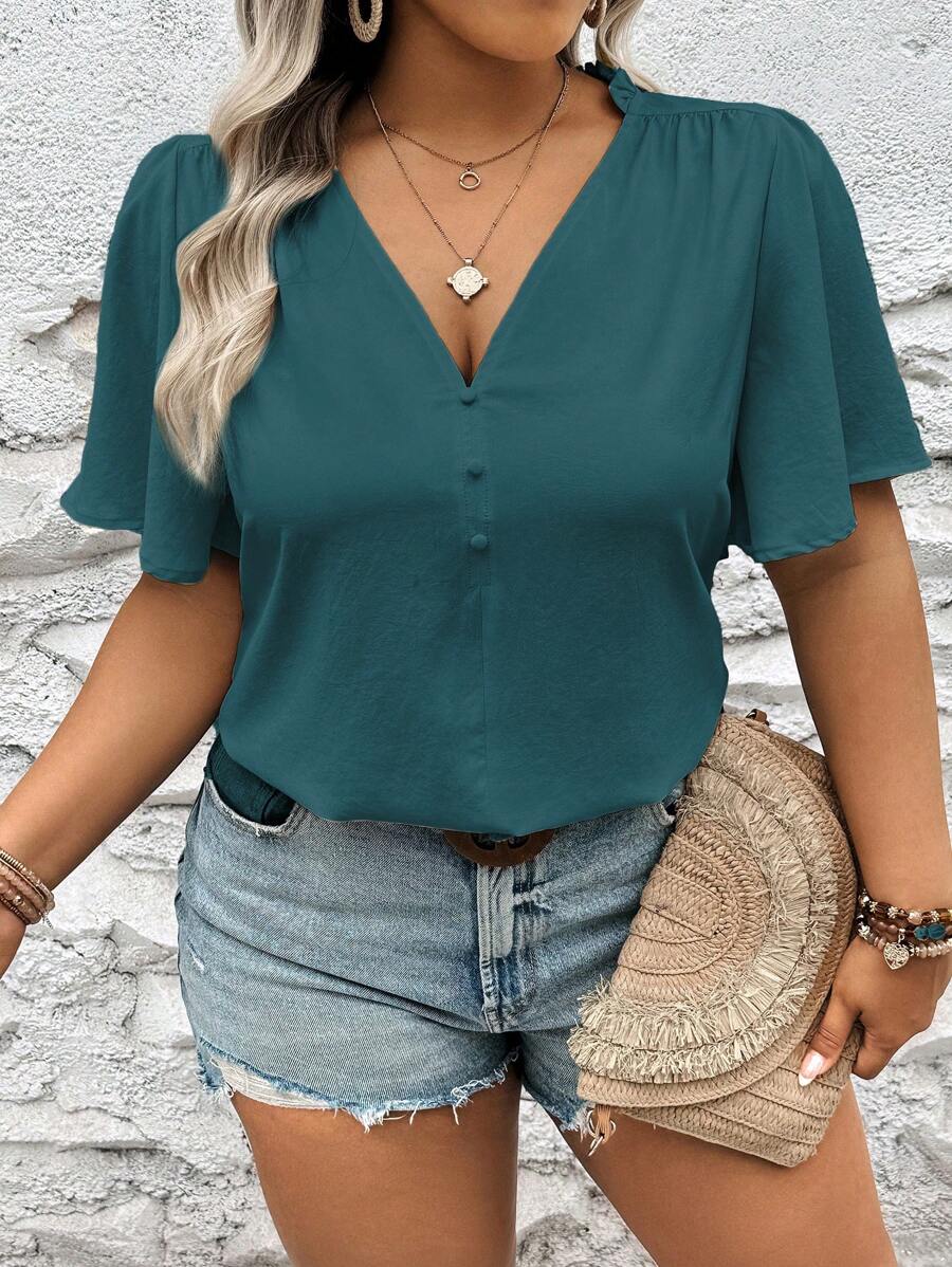 Vionelle Plus Size Solid Color Casual Summer Short Sleeve Shirt - Teal Blue - View 1