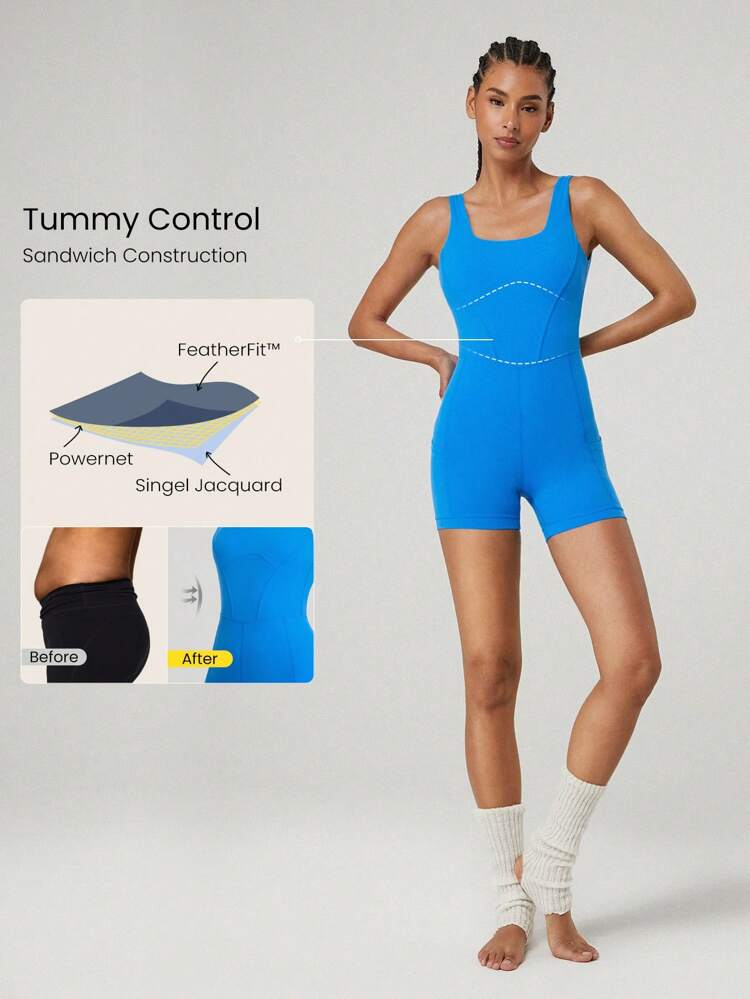 4.3" FeatherFit™ Tummy Control Side Pockets Romper Bodysuit U-Back Non-Slip Pocket Light Support Low Impact Yoga Pilates Studio Gym Daily Summer