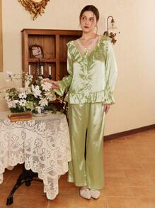 Côtesoire French Vintage Embroidered Lace V-Neck Ruffles Patchwork Faux Silk Pajama Set - Green - View 5
