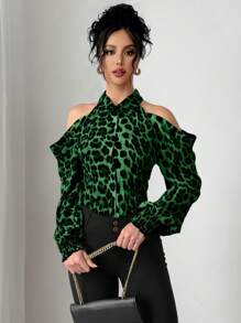 Chiquease Women's Animal Print Open Shoulder Long Sleeve Blouse, Spring/Summer - Green - View 5