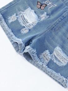 Denimly Tween Girls Casual Daily Urban Street Light Wash Denim Overalls With Cute Butterfly Embroidery, Ripped, Frayed Hem, School, Campus, College Summer Holiday
