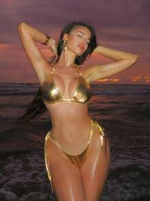 Swim SXY Women Sexy Solid Color Ocean Metal Seashell Side Knot High Cut Halter Bikini Set, Foil Printed Beach Holiday Swimwear For Summer Beach Vacation - Gold - View 1