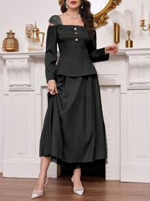 Modelyn Women Cold Shoulder Long Sleeve Mesh Splice Top & Pleated Mesh Skirt 2 Pieces Set - Black - View 6