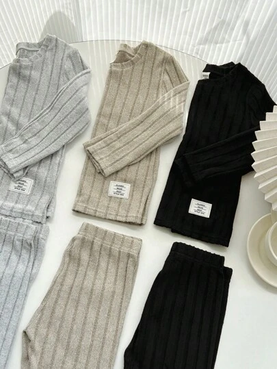 SHEIN 6件套儿童童装，男童休闲舒适罗纹针织保暖紧身两件套，3种款式，适合通勤、上学、居家、休闲、街拍、派对、郊游、冬季保暖内衣套装，抓绒加厚。