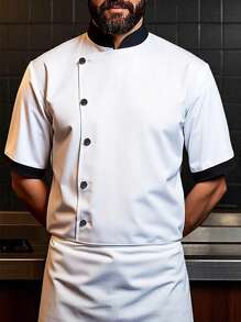Manfinity Homme 1pc Unisex  White Chef Jacket, Single Breasted, Short Sleeve, Comfortable, Breathable, Ideal For Kitchen, Baking, Restaurant, Hotel Work,Men's Simple Fashionable Chef Shirt, Suitable For Summer Men Short Sleeve Button - White - View 1