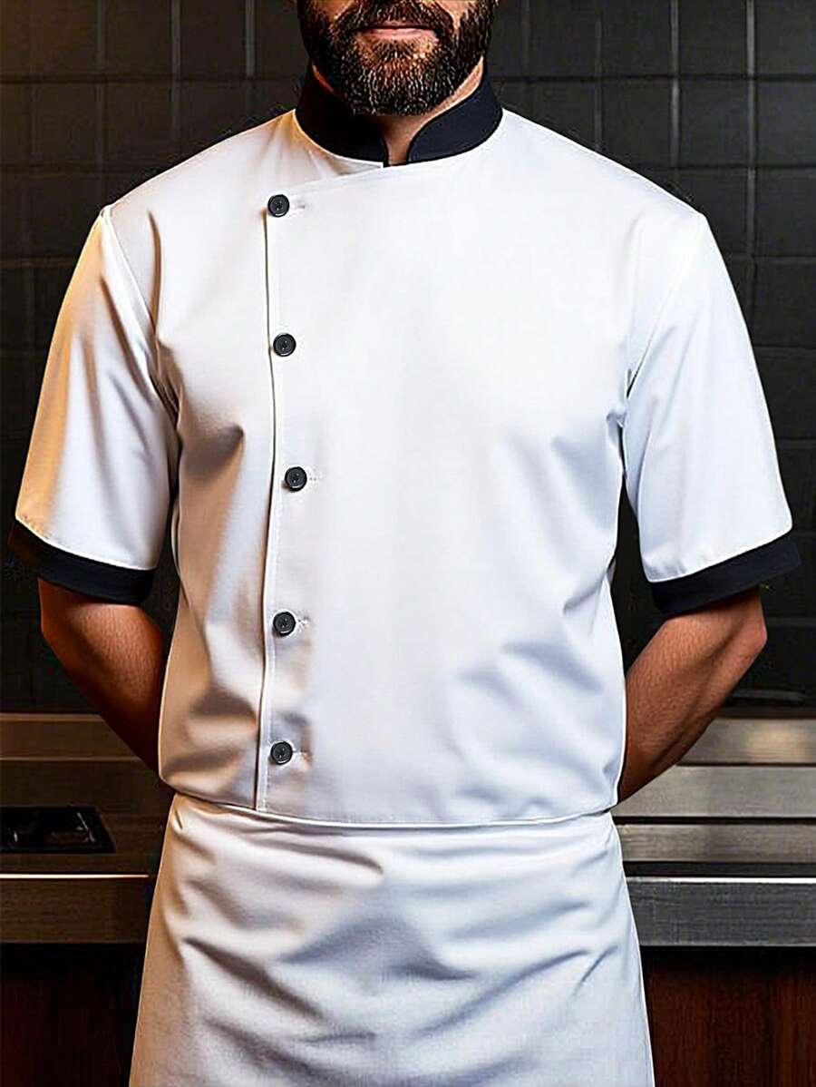 Manfinity Homme 1pc Unisex  White Chef Jacket, Single Breasted, Short Sleeve, Comfortable, Breathable, Ideal For Kitchen, Baking, Restaurant, Hotel Work,Men's Simple Fashionable Chef Shirt, Suitable For Summer Men Short Sleeve Button - White - View 1