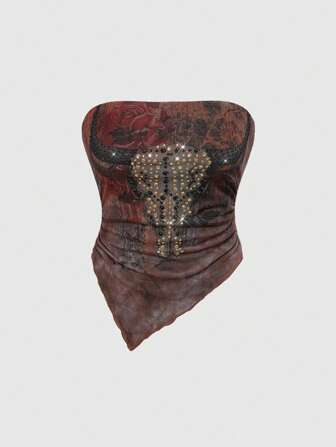 Hippie Top bandeau asymétrique à motif de taureau avec cristaux, style western rétro pour festivals de musique