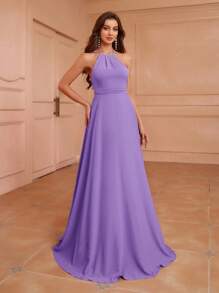 Aureia 挂脖式低背裹身褶皱腰超长喇叭形 A 字形不对称荷叶边背部伴娘礼服（成人） - 紫羅蘭色 - 查看 2
