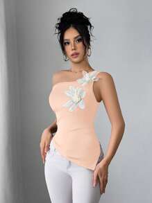 SHEIN Unity Sexy Elegant Chic Floral Asymmetric Shoulder Form-Fitted T-Shirt With Side Ruched Waist - Pink - View 3