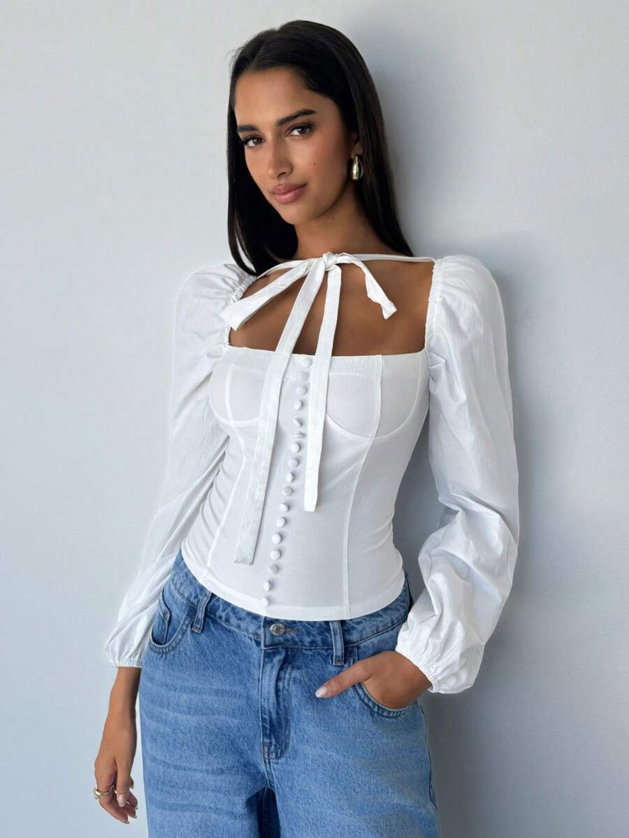 Aloruh Damen Ausgeh-Top Moderne Mode Elegante Frühlings Bluse Täglicher Lässig Einfacher Business Pendler Basic Stil Einfarbiges Top Altes Geld Stil Quadratischer Kragen Schleifendekor, Hochzeitsgast Top Damen, Brunch für Damen, St. Patrick, Ostern, Boho, Bescheiden, Streetwear, Minimalana, Vordere Schleife Top - Weiss - Übersicht 1
