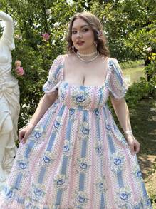 Lyrianda Plus Size Romantic Puff Sleeve Floral & Stripe Print Princess Dress - Blue - View 8