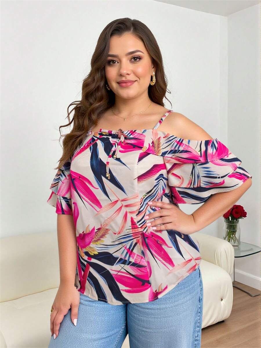 INAWLY Solva 大码休闲植物印花露肩无袖衬衫 - 彩色 - 查看 1