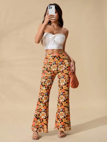 SHEIN PETITE Women's Floral Print High-Elastic Knitted Skinny Flared Pants, Suitable For Vacation And Summer