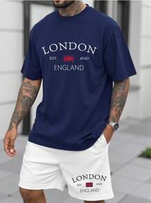 Manfinity Homme 2pcs/Set Plus Size Men's Letter Print Short Sleeve T-Shirt And Pocket Shorts Set - Multicolor - View 1