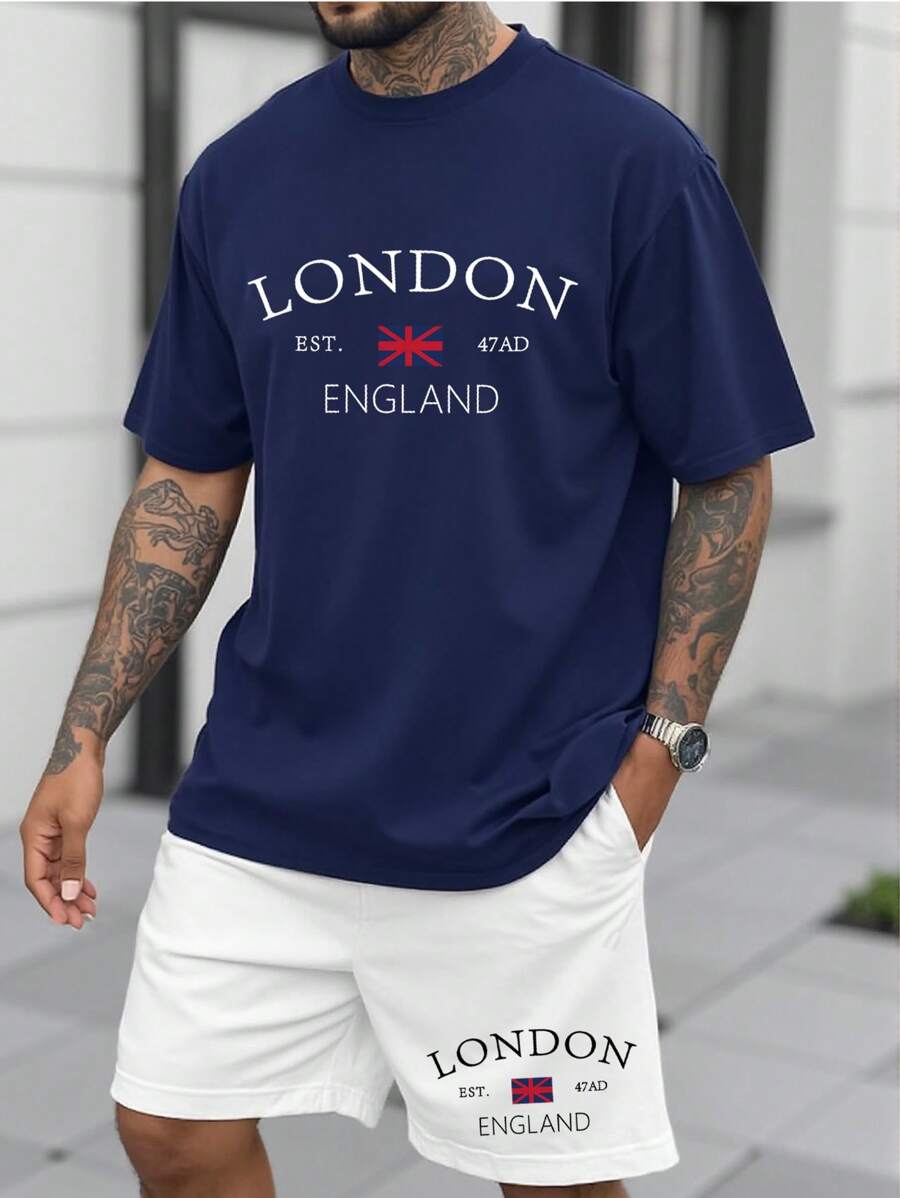 Manfinity Homme 2pcs/Set Plus Size Men's Letter Print Short Sleeve T-Shirt And Pocket Shorts Set - Multicolor - View 1