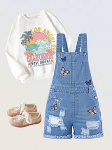 Denimly Tween Girls Casual Daily Urban Street Light Wash Denim Overalls With Cute Butterfly Embroidery, Ripped, Frayed Hem, School, Campus, College Summer Holiday