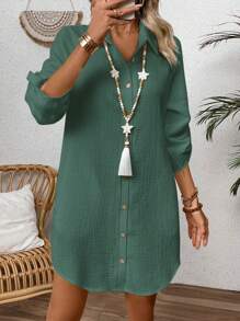 SHEIN LUNE Gaun Wanita Polos Kancing Depan Kasual Saku Lengan Gulung Pakaian Musim Gugur untuk Wanita - Dark Green - View 4