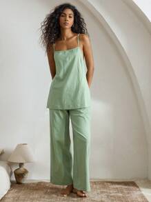 Ocili 休闲两件套 100% 纯棉舒适吊带背心和裤子家居服套装假日季节服装 - 綠色 - 查看 6