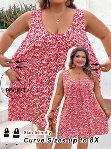 SHEIN CURVE+ 大码红色碎花口袋宽松迷你连衣裙，夏季波西米亚风度假 - 紅色 - 查看 9