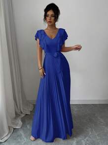 Elenzga V-Neck Ruffled Waist A-Line Elegant Romantic Women Dress - Royal Blue - View 6
