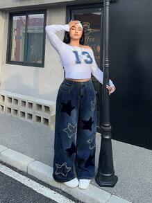 SHEIN ICON Plus Size Women's Star Pattern Pocket Wide Leg Loose Jeans - Blue - View 7