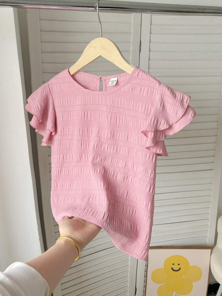 SHEIN Tween Girls Texture Woven Round Neck Ruched Cap Sleeve Fitted Casual Top, Vacation Style, French Elegance, Suitable For Spring Travel & Vacation - Dusty Pink - View 1