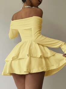 Aloruh Women's Elegant Solid Color Off Shoulder Ruffle Jumpsuit - Yellow - View 2