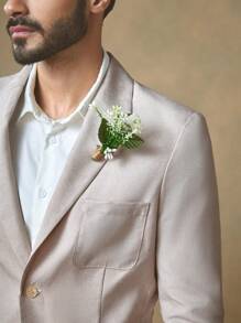 Manfinity NXTstreet Men's Casual Small White Flower & Green Leaf Print Long Sleeve Jacket, For Fall Winter - Khaki - View 5