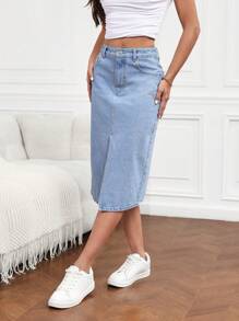 SHEIN Tall Jupe évasée en jean casual pour femmes avec poches et fente sur le côté