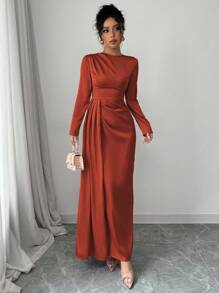 Elenzga Women Solid Satin Ruched Shoulder Party Elegant Long Sleeve Dress With Side Slit Maxi Women Outfit Fall Cloth For Women - Burnt Orange - View 5