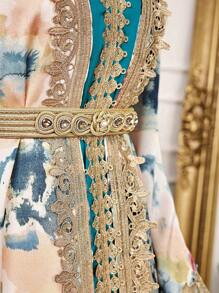 Al Najma Women's Tie-Dye Print Long Sleeve Dress, Modest Kaftan - Teal Blue - View 7