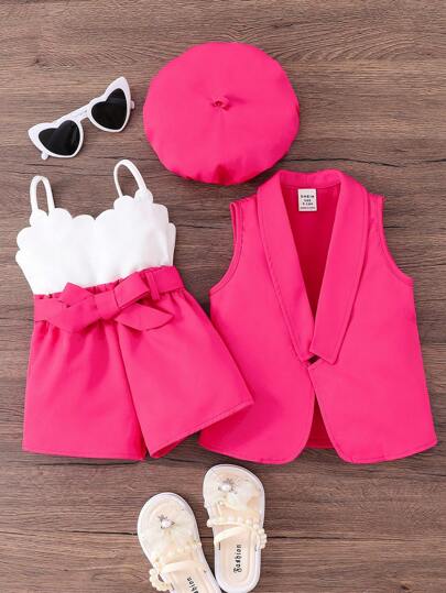 SHEIN 2pcs/Set Baby Girl Solid Color Knit Jacket And Knit Romper With Hat