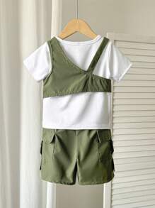 Set 3 buc ținută de vară pentru bebeluș băiețel - tricou cu mânecă scurtă, pantaloni cargo, vestă, la modă și perfectă pentru joacă în aer liber