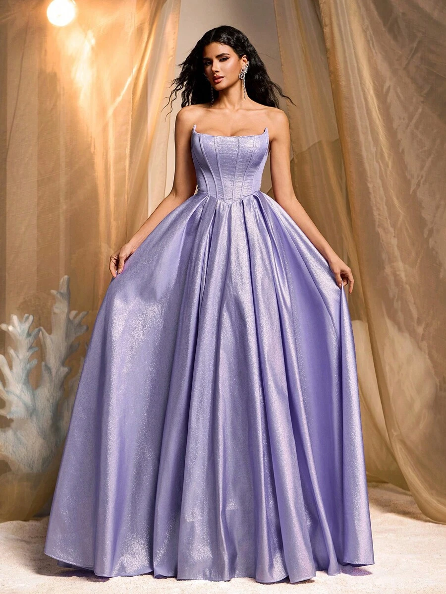 Glamrae Elegant Luxurious Boned Bodice Dress,Extremely Flared A-Line Gown For Weddings,Parties,Honeymoon,Galas,Formal Occasions,Evening Wedding Guest Dress - Purple - View 1