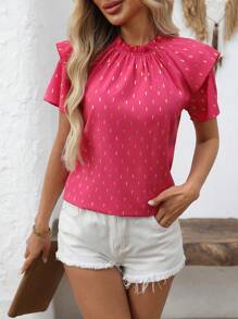 SHEIN LUNE Women's Gold Foil Print Frill Trim Insert Casual Short Sleeve Blouse - Multicolor - View 1