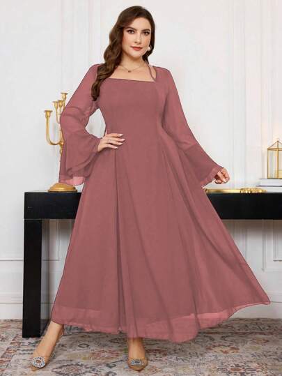 Modelyn 1pc Women's Plus Size Ruffled Long Sleeve Tie-Front Fitted Chiffon Dress, Spring And Autumn Maxi Women Outfit Long Evening Dresses