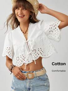 SHEIN LUNE 女士刺绣花卉蕾丝边宽松前系带短上衣