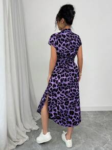 Chiquease Women's Casual Vacation Travel Leopard Print Front Button Shirt Belt Bow Pocket Side Slits 2025 Summer New Short Sleeve Long Dress