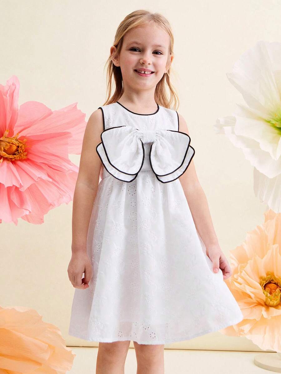 SHEIN Kleine Mädchenkleid mit schwarzweißem Jacquard-Muster und großer Schleife, für Party, Anlässe, Hochzeit - Schwarz und Weiss - Übersicht 1