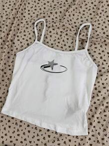 Attitoon Star Pattern Punk Style Soft & Comfortable 95% Cotton Fitted Camisole, Suitable For Spring/Summer, Retro - White - View 8