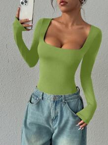 Flirla 女士修身长袖连体衣，棕色，简约百搭，适合通勤 - 綠色 - 查看 5