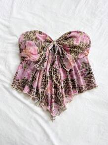 Soleia Crop top da donna con stampa leopardata e floreale, senza spalline, arricciato, con laccio sulla parte anteriore e volant sul fondo, ideale per feste, appuntamenti, tè del pomeriggio, viaggi in città e spiaggia
