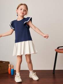 PrepCrw Young Girls Collegiate Style Ruffle Sleeve Knit Dress, Navy Blue, Spring/Summer - Multicolor - View 5