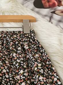 SHEIN LUNE Falda larga de mujer con estampado floral diminuto, de cintura elástica, elegante y de estilo vacacional - Negro - Ver 5