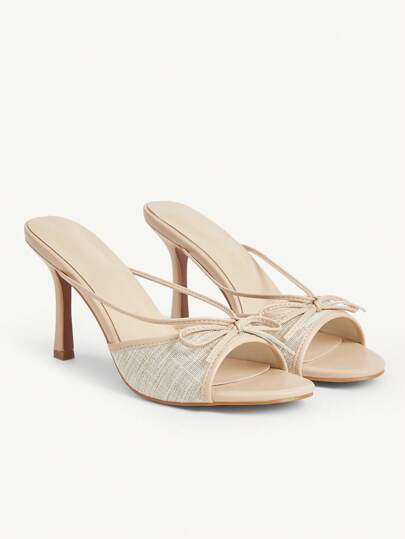 CUCCOO CHICEST Women's Elegant Romantic Bow Strap Round Toe Slim High Heel Khaki Linen Sandals, Suitable For Tea Party, Date, Graceful Outfit, Vacation For Christmas Elegant Shoes Wedding Shoes