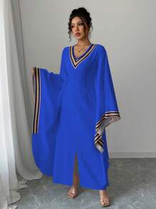 Elenzga V-Neck Long Asymmetrical Hem Printed Dress For Women - Blue - View 6