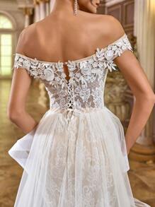 Glamrae 夏季优雅浪漫华丽白色蕾丝拼接网眼甜心领口奢华亮片刺绣贴花修身鱼尾加拖尾拼接不对称大飘逸连体适合度假蜜月晚宴婚礼活动婚宴宾客礼服女唯美新娘婚纱 - 白色 - 查看 6