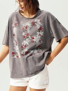TrendSteals 复活节音乐节纯色图案针织圆领短袖宽松洗水女式T恤 - 灰色 - 查看 5
