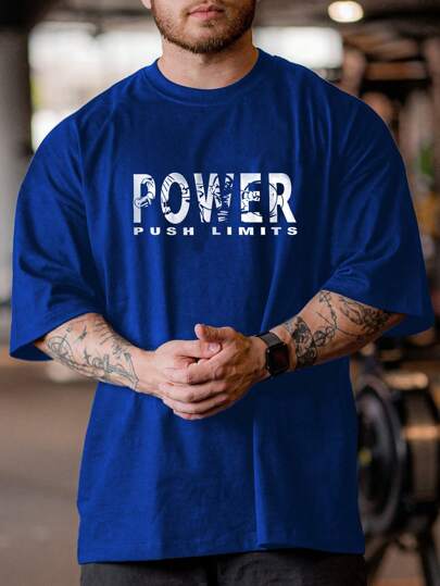 Manfinity Sport PWRUP 男友风男士字母印花圆领短袖运动T恤，夏季健身上衣，透气