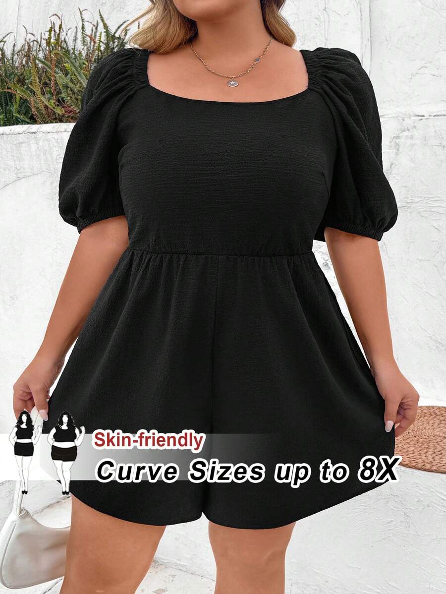 SHEIN CURVE+ 女式加大码黑色方领荷叶边泡泡袖褶皱后背连体衣，宽松版型，夏季 - 黑色 - 查看 1